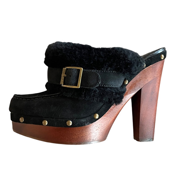 LAUREN RALPH LAUREN Woman's Size 6.5 Black Suede Faux Fur 5" Heel Platform Clogs - Picture 1 of 12
